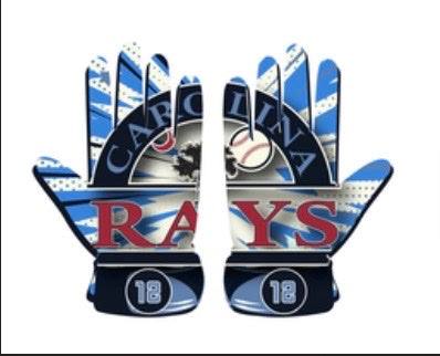 Carolina Rays Glove with leather front, lycra back, neoprene cuff, reinforced heel, inverse stitching, and shock-absorbent threading for baseball players